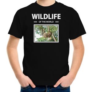 Luiaard t-shirt met dieren foto wildlife of the world zwart voor kinderen