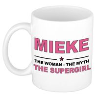 Naam cadeau mok/ beker Mieke The woman, The myth the supergirl 300 ml - Naam mokken