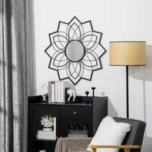 HOMCOM wandspiegel, woonkamerspiegel Ã˜79 cm, ronde spiegel met metalen frame, decoratieve spiegel met bloemenpatronen, spiegel, glazen gangspiegel voor slaapkamer, elegant zwart