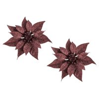 2x stuks decoratie bloemen kerstster donkerrood glitter op clip 18 cm