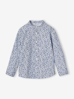 Jongenshemd met bloemenprint en Maokraag blauw, bedrukt