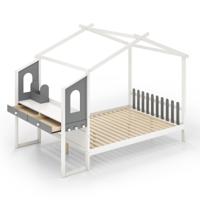 Tweepersoonsbed met Bureau Houten Platformbed met Hekvormig Hoofdeinde Lattenbodem met 18 Houten Latten 200 x 140 cm