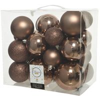 26x stuks kunststof kerstballen walnoot bruin 6-8-10 cm glans/mat/glitter   -