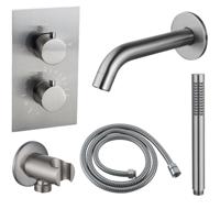 Fortifura Calvi Badkraan set - uitloop - 22cm inkortbaar - metalen slang - staafhanddouche - inbouwdeel - wandhouder - geborsteld RVS PVD SW542645/SW706208/SW1159493/SW1122512/SW496812