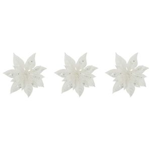 8x stuks decoratie bloemen kerstster wit glitter op clip 15 cm