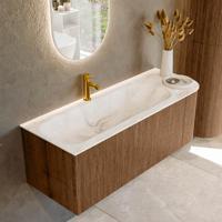 Mondiaz KURVE-DLUX 125 cm Onderkast Greeploos 1 Lade Met Deuren Walnut, Wastafel Solid Surface Links Frappe 1 Kraangat Zonder Spiegel (KRVBGM125R1L1D1KL-Wal/Fra)
