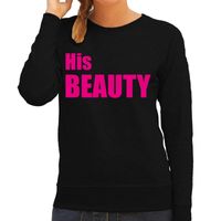 His beauty sweater / trui zwart met roze letters voor dames