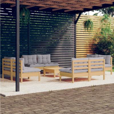 9-delige Loungeset met grijze kussens grenenhout