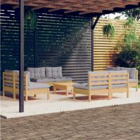 9-delige Loungeset met grijze kussens grenenhout