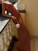 Dark Green Lace Mesh Ruched Slit Elegant Wedding Guest Dress Chocolate Brown / XL