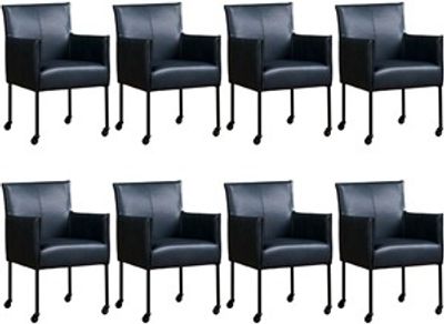 Set van 8 Blauwe leren moderne kuipstoel More - poot rond zwart met wiel - Granada leer Blue (blauw leer)
