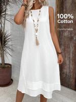 Bon&Bon Khaki Cotton Sleeveless Round Neck A-Line Dress White / L