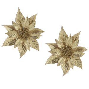 2x stuks decoratie bloemen kerstster goud glitter op clip 18 cm - Kunstbloemen