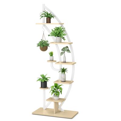 7-Lagen Hoge Metalen Plantenrek Gebogen Halve Maan Vorm Ladder Plantenrek Moderne Bloempot Houder Metalen Bloemenrek Wit