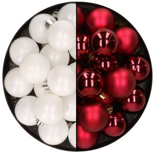 32x stuks kunststof kerstballen mix van wit en donkerrood 4 cm