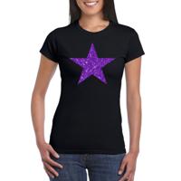 Verkleed T-shirt voor dames - ster - zwart - paars glitter - carnaval/themafeest