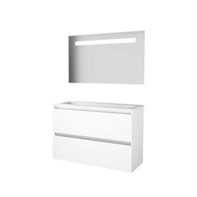 Basic-Line Economic 39 Badkamermeubelset - Ondiep - 100 x 39 cm - Greeploos - 2 Lades - Acryl Wastafel - 2 Kraangaten - Spiegel met LED Verlichting - Ice White
