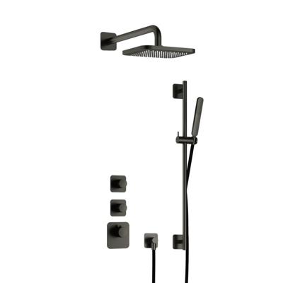 Hotbath Gal - Inbouw Regendoucheset - Geborsteld Gunmetal PVD - 2 Stopkranen - Thermostatisch - Wandarm 35 cm - Hoofddouche 220 mm - Staafhanddouche - Glijstang 900 mm - V01
