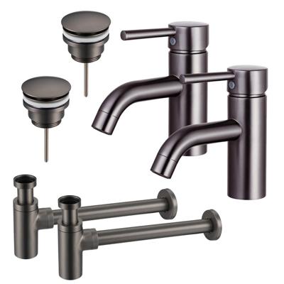 Fortifura Calvi Wastafelkraanset - voor dubbele wastafel - lage wastafelkraan - klikwaste plug - design sifon - Geborsteld Gunmetal PVD 2x SW766540/2x SW767288/2x SW767297