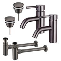 Fortifura Calvi Wastafelkraanset - voor dubbele wastafel - lage wastafelkraan - klikwaste plug - design sifon - Geborsteld Gunmetal PVD 2x SW766540/2x SW767288/2x SW767297