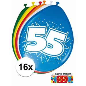 Ballonnen 55 jaar van 30 cm 16 stuks + gratis sticker