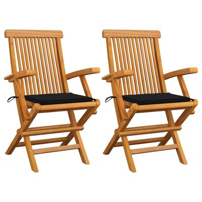 Tuinstoelen 2 st met zwarte kussens massief teakhout