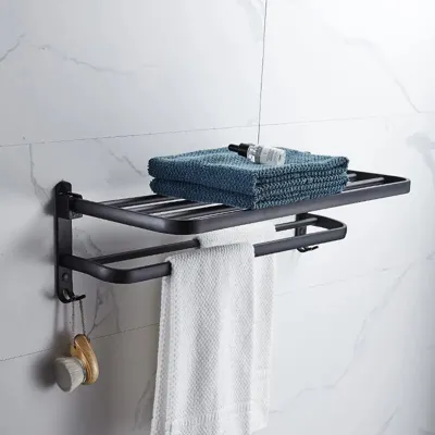 Dubbele Handdoekstang met Haak - Opvouwbaar | 50 cm | Mat Zwart | Ruimte-aluminium | Wandmontage