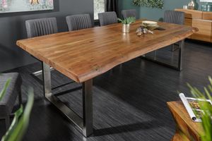 Massief houten eettafel MAMMUT NATURE 200cm acaciaboom rand 6cm tafelblad roestvrijstalen poten - 40127