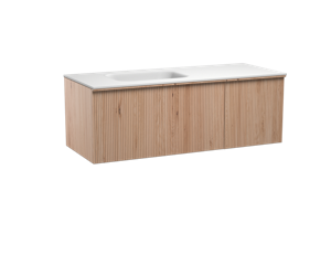 Balmani Forma zwevend badmeubel 135 x 55 cm naturel eiken met Tablo Arcato asymmetrisch linkse wastafel in solid surface mat wit Verticale symmetrische rechte ribbel