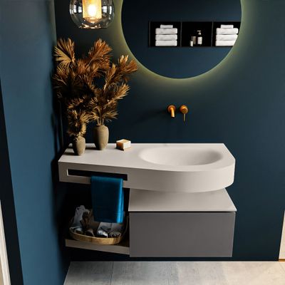 MONDIAZ RIVA 100cm badmeubel onderkast / planchet kleur Dark_Grey met 1 lade. Wastafel DULCET rechts 0 kraangaten kleur Linen.