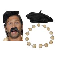 Carnaval verkleed set compleet - Fransman baret met plaksnor - en knoflook ketting - volwassenen - thumbnail