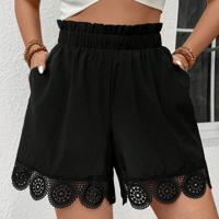 Bon&Bon Black High Waist Paperbag Shorts with Contrast Lace Hem Black / S