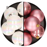 12x stuks kunststof kerstballen 8 cm mix van parelmoer wit en velvet roze   - - thumbnail