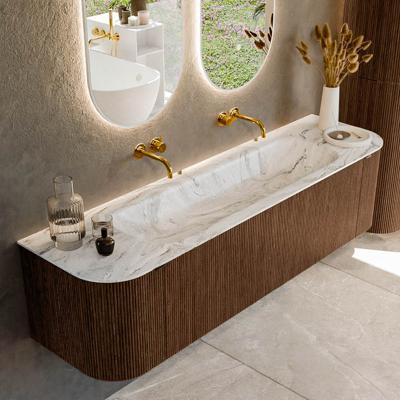 Badmeubel Mondiaz Kurve-Dlux | 170 cm | Meubelkleur Walnut | Wastafelkleur Glace | Solid surface | Midden spoelbak | Zonder kraangat(en)