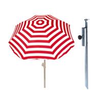 Parasol met metalen grondharing - rood/wit gestreept - polyester - Dia 180 cm - verstelbaar