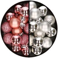 36x stuks kunststof kerstballen roze en zilver 3 en 4 cm