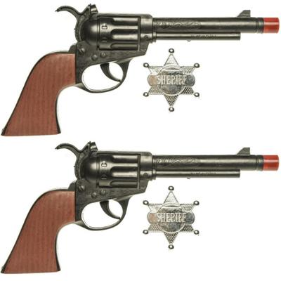 Cowboy speelgoed pistool - Set van 2x stuks - 24 cm - met sheriff ster - Cowboy verkleedaccessoires