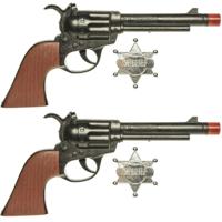 Cowboy speelgoed pistool - Set van 2x stuks - 24 cm - met sheriff ster - Cowboy verkleedaccessoires