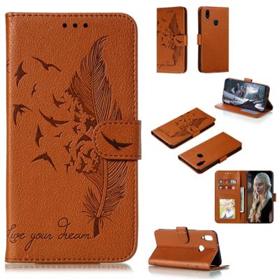 Voor Galaxy A10s Feather patroon Litchi textuur horizontale Flip lederen draagtas met houder & portemonnee & kaartsleuven (bruin)