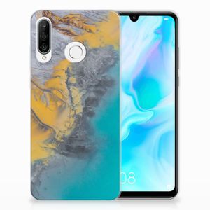 Huawei P30 Lite TPU Siliconen Hoesje Marble Blue Gold