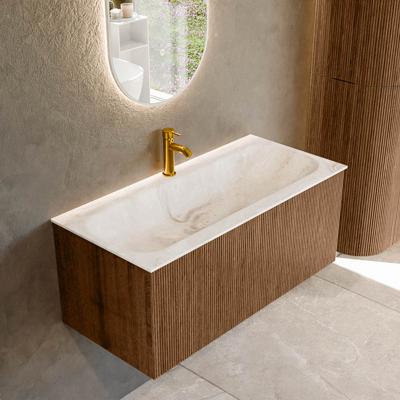 Mondiaz KURVE-DLUX 100 cm Onderkast Greeploos 1 Lade Zonder Deuren Walnut, Wastafel Solid Surface Volledig Frappe 1 Kraangat Zonder Spiegel (KRVBGM1001L0D1KM-Wal/Fra)