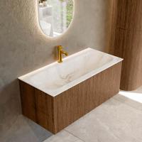 Mondiaz KURVE-DLUX 100 cm Onderkast Greeploos 1 Lade Zonder Deuren Walnut, Wastafel Solid Surface Volledig Frappe 1 Kraangat Zonder Spiegel (KRVBGM1001L0D1KM-Wal/Fra)