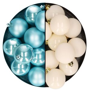 Kerstballen 24x stuks - mix wol wit en ijsblauw - 6 cm - kunststof - Kerstbal