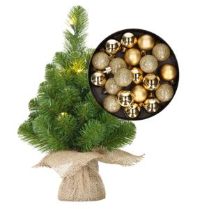 Mini kunst kerstboom - H45 cm - met verlichting en kerstballen - goud - kunstboom