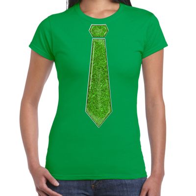 Verkleed t-shirt voor dames - stropdas glitter groen - groen - carnaval - foute party