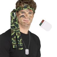 Carnaval verkleed set Leger soldaten bandana - met dogtags ketting en schmink - volwassenen - thumbnail