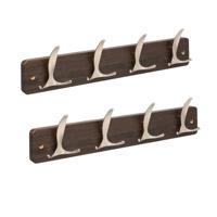 5Five Kapstok - 2x - 4 ophang haken - RVS - bruin/zilver - 45 x 10 cm - wandkapstok