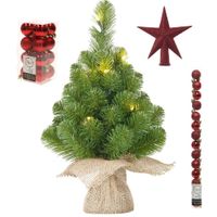 Kunst kerstboom met 15 LED lampjes 60 cm inclusief rode versiering 31-delig