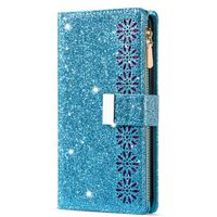 Samsung Galaxy A52 hoesje - Bookcase - Koord - Pasjeshouder - Portemonnee - Glitter - Bloemenpatroon - Kunstleer - Blauw - thumbnail