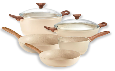 Sambonet Pannenset Rock &apos;n&apos; Rose Creme - Braadpan, Hapjespan, Koekenpannen ø 24 & 28 cm & Steelpan - 5 Delig